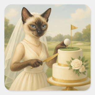 Golf Cat bride Golfer schneidet Hochzeitskuchen Quadratischer Aufkleber