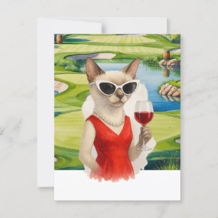 Golf Cat trinkt Wein auf dem Golfplatz Postkarte