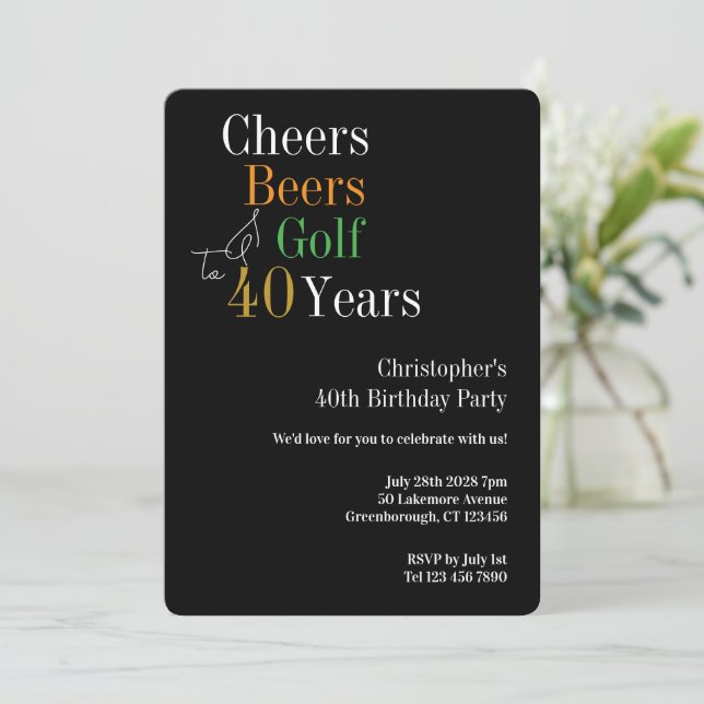 Golf Cheers Beers 40. Geburtstag Party Einladung (Stehend Vorderseite)