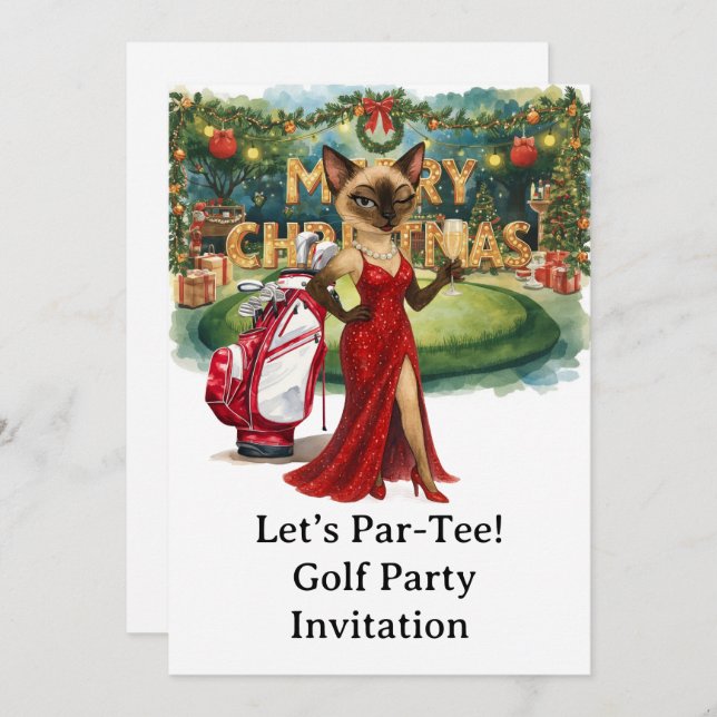 Golf Christmas Party mit Cat on Putting Green Einladung (Vorne/Hinten)