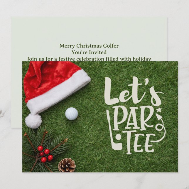 Golf Christmas with Santa hat on green  Einladung (Vorne/Hinten)