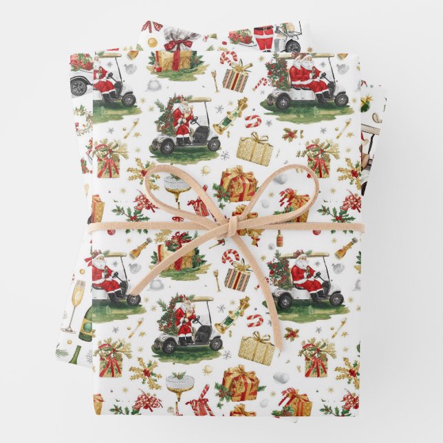 Golf Christmas with Santa riding golf cart Geschenkpapier Set (Beispiel)