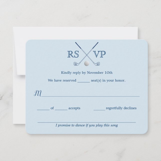 Golf Clubs Blue Striping Wedding RSVP Card 4.25x5. (Vorderseite)