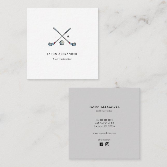 Golf Clubs Monogram Golf Instructor Golf pro Quadratische Visitenkarte (Vorne/Hinten)