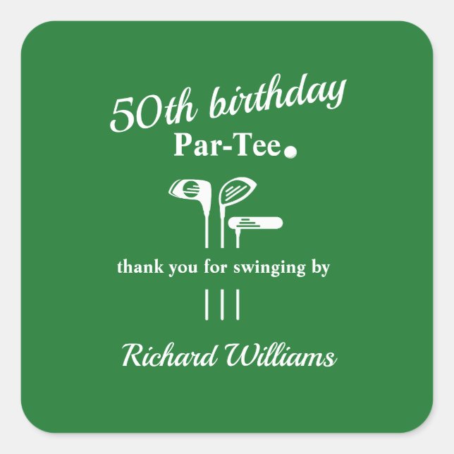 Golf Clubs Par Tee Green White Men's 50th Birthday Quadratischer Aufkleber (Vorderseite)