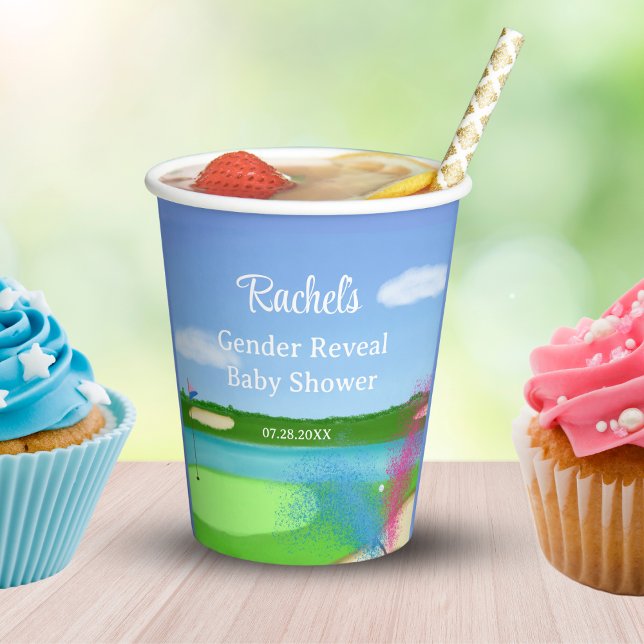 Golf Course Bunker Gender Reveal Baby Dusche Pappbecher (Fore-tastic Gender Reveal! Watch as the golfer in the bunker unveils the blue or pink surprise. )