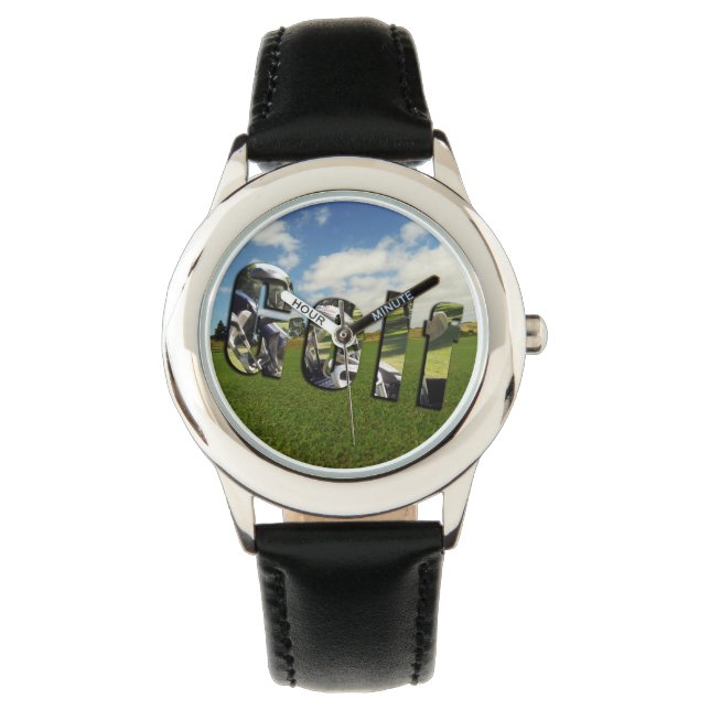 Golf Course Logo, Kinder Black Leather Watch Armbanduhr (Vorderseite)