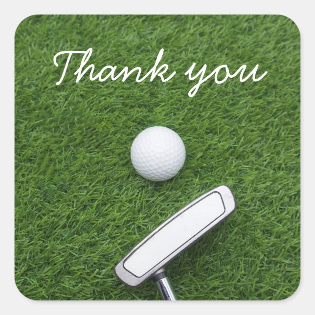 Golf danke Ihnen mit Golfball und Putter auf Grün Quadratischer Aufkleber (Vorderseite)