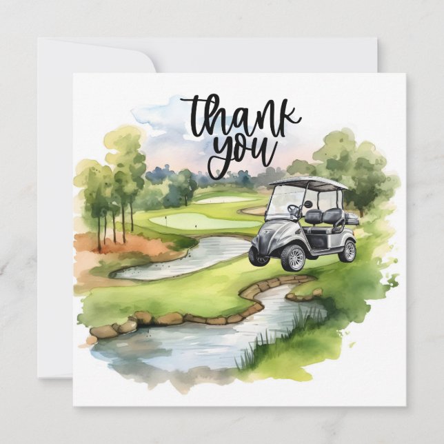Golf Dankeschön Karte mit Golfwagen Aquarell (Vorderseite)