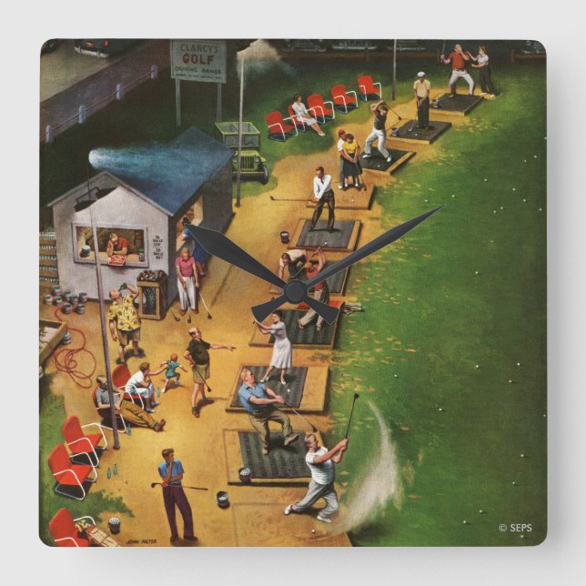 Golf Driving Range von John Falter Quadratische Wanduhr (Vorderseite)