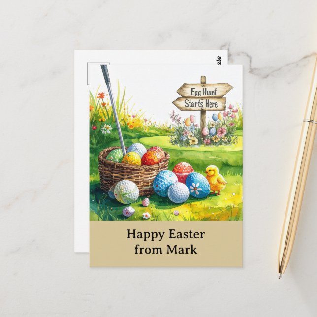 Golf Easter for golfer watercolor Spring Postkarte (Vorderseite/Rückseite Beispiel)