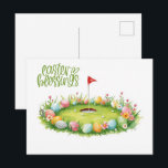 Golf Easter with egg on putting green  Postkarte<br><div class="desc">Send cheerful spring greetings with this Golf Easter postcard featuring colorful eggs on a putting green. This bright watercolor design shows pastel Easter eggs resting beside a golf hole with a red flag on fresh green grass, blending the joy of Easter with the charm of the golf course. Perfect for...</div>
