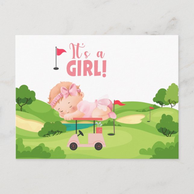 Golf Es ist GIRL Golfer Baby auf Golfwagen Postcar Postkarte (Vorderseite)