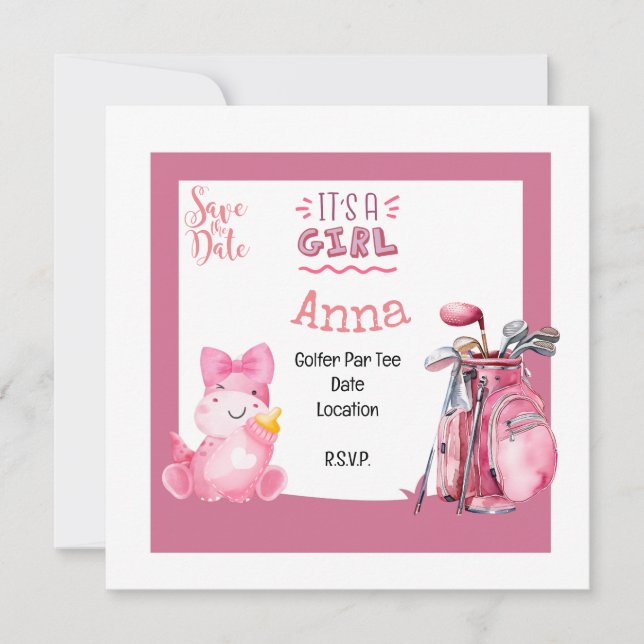 Golf es Mädchen Dusche pinkfarben Thema für Golfer Einladung (Vorderseite)