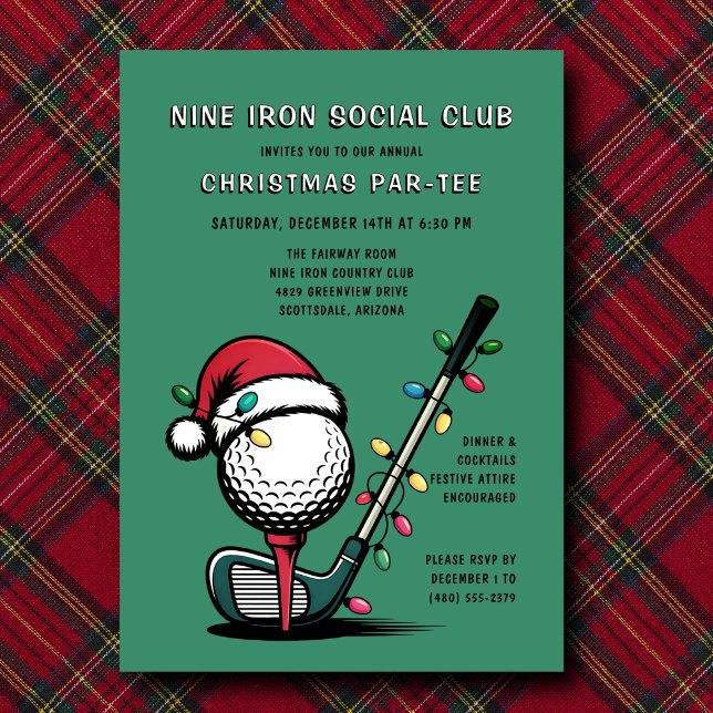 Golf Festive Christmas Holiday Par-tee Green  Einladung (Easily edit all event details—make it yours.)