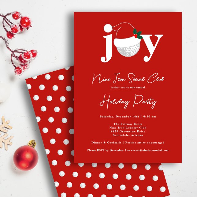 Golf Festive Holiday Party Joy Typography Red  Einladung (Golf meets holiday cheer in bold red and white. Customizable text for your club or event.)
