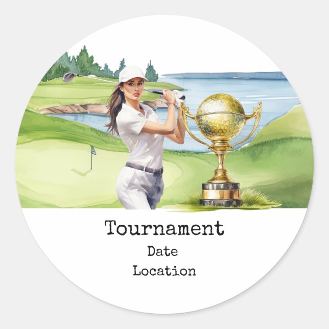 Golf-Frau auf dem Golfplatz Runder Aufkleber (Vorderseite)