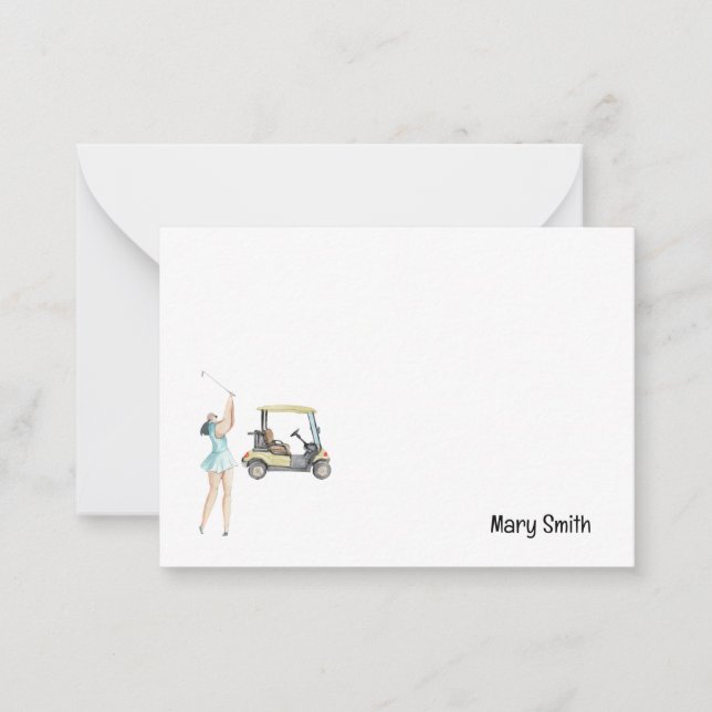Golf-Frau mit Golfwagen Mitteilungskarte (Vorderseite)