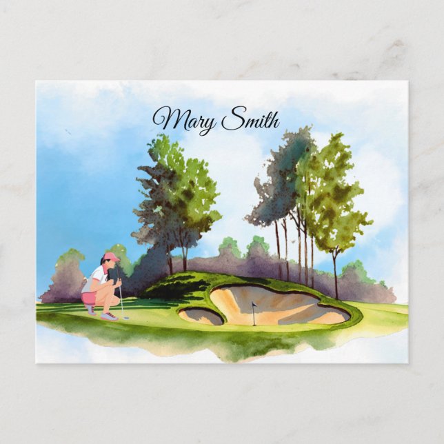Golf-Frau spielt Golf Postkarte (Vorderseite)