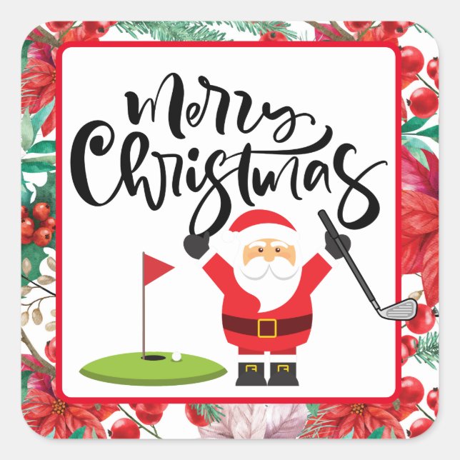 Golf Frohe Weihnachten mit dem Weihnachtsmann beim Quadratischer Aufkleber (Vorderseite)