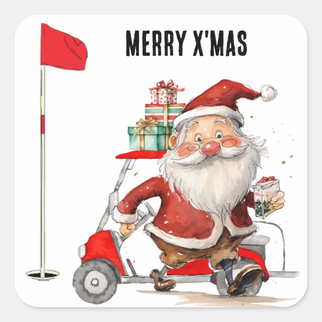 Golf Frohe Weihnachten mit dem Weihnachtsmann Golf Quadratischer Aufkleber (Vorderseite)