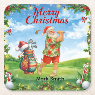 Golf Frohe Weihnachten mit Santa Claus Golfen  Rechteckiger Pappuntersetzer
