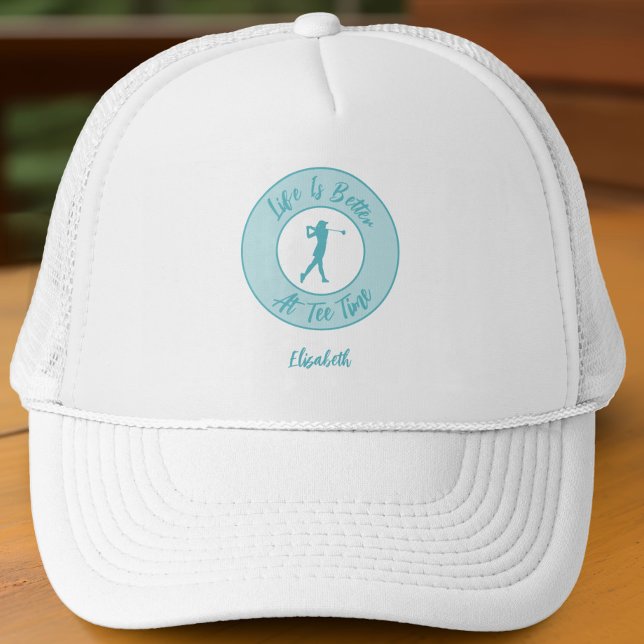 Golf Funny Ladies Golfer Tee Time Teal Truckerkappe (Funny teal trucker hat with name—because tee time deserves a stylish shade.)