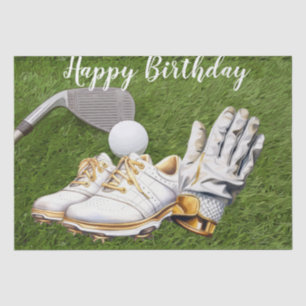 Golf-Geburtstag mit Golfball und Schuhen auf Grün Seidenpapier
