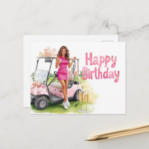 Golf-Geburtstag mit Golferin und rosa Wagen Postkarte