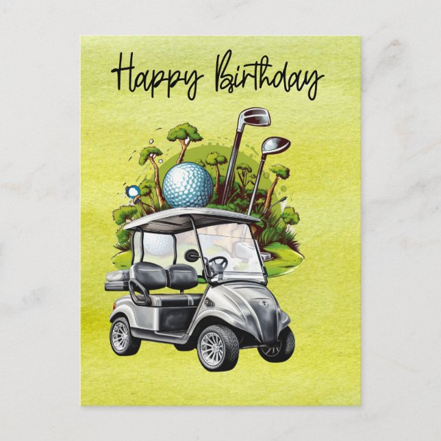 Golf Geburtstag mit Golfwagen Aquarell Postkarte (Vorderseite)