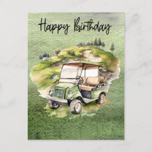 Golf Geburtstag mit Golfwagen Aquarell Postkarte