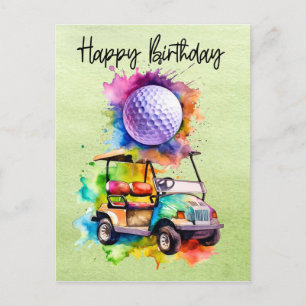 Golf Geburtstag mit Golfwagen Aquarell Postkarte