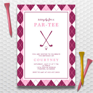 Golf Geburtstagsparty Moderne Preppy Raute Rosa Einladung