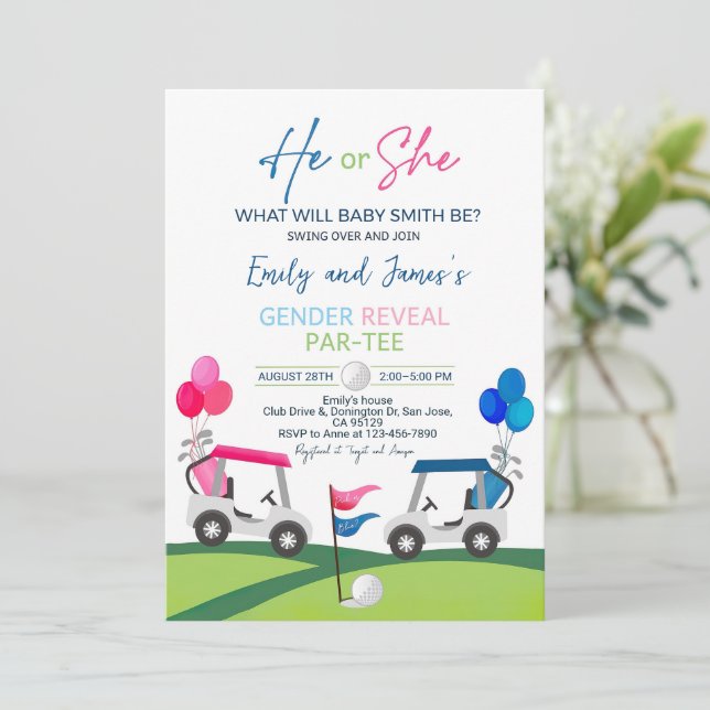 Golf Gender offenbaren Einladung, in dem er oder s Einladung (Stehend Vorderseite)