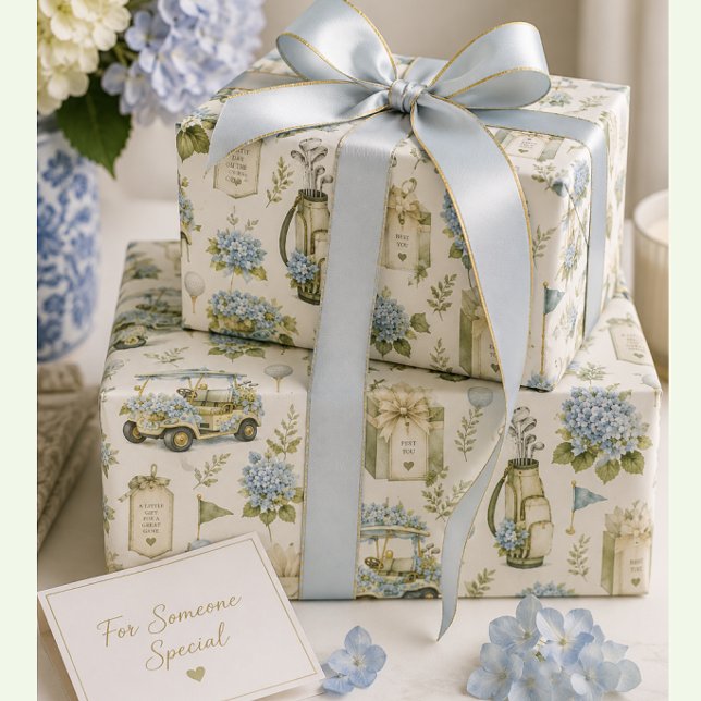 Golf-Geschenkpapier | Golfer-Party-Event Geschenkpapier (Blue hydrangea golf cart gift wrap for women golfers, country club gifts and birthdays)