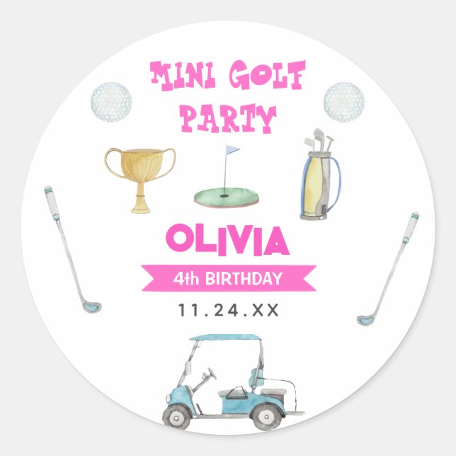 Golf Girl Birthday Party Runder Aufkleber (Vorderseite)
