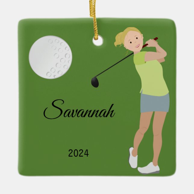 Golf Girl Blonde Keramikornament (Vorderseite)