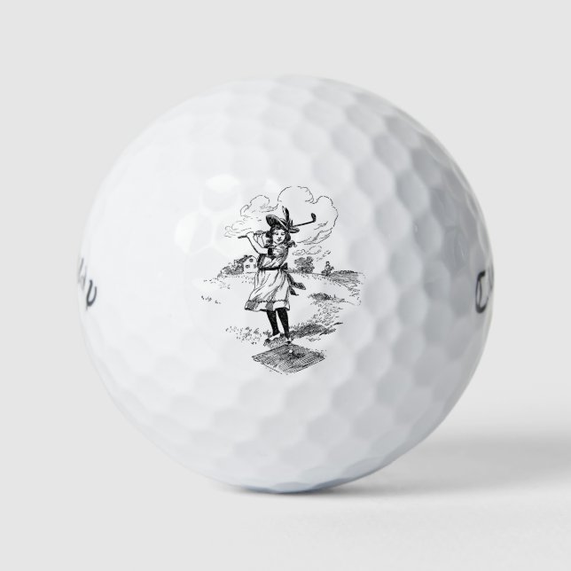 Golf Girl Golfspielen Vintage Kunst Golfball (Vorderseite)