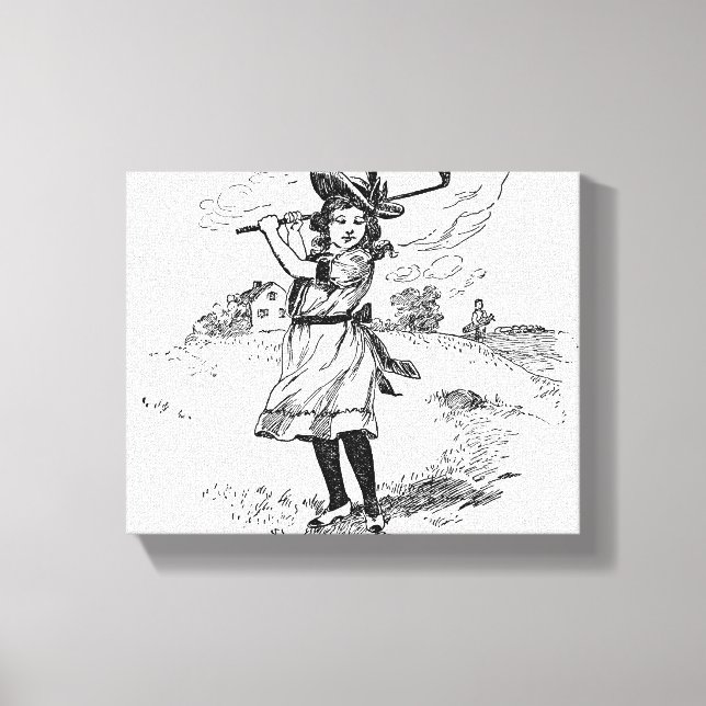 Golf Girl Golfspielen Vintage Kunst Leinwanddruck (Vorderseite)