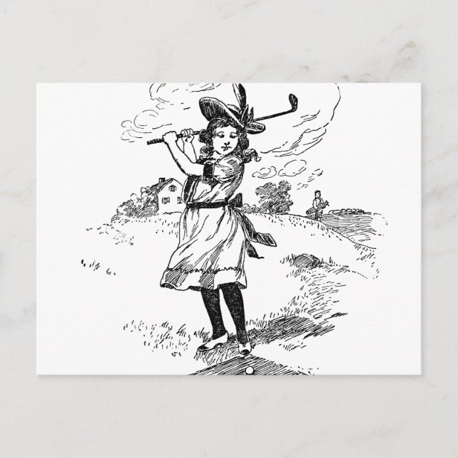 Golf Girl Golfspielen Vintage Kunst Postkarte (Vorderseite)