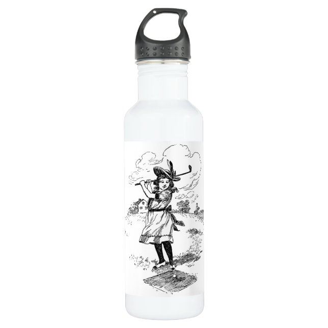 Golf Girl Golfspielen Vintage Kunst Trinkflasche (Vorderseite)