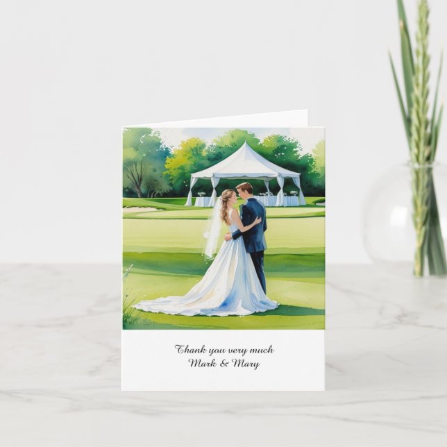 Golf Golfer Bride und Groom Golfplatz Aquarell Dankeskarte (Vorderseite)