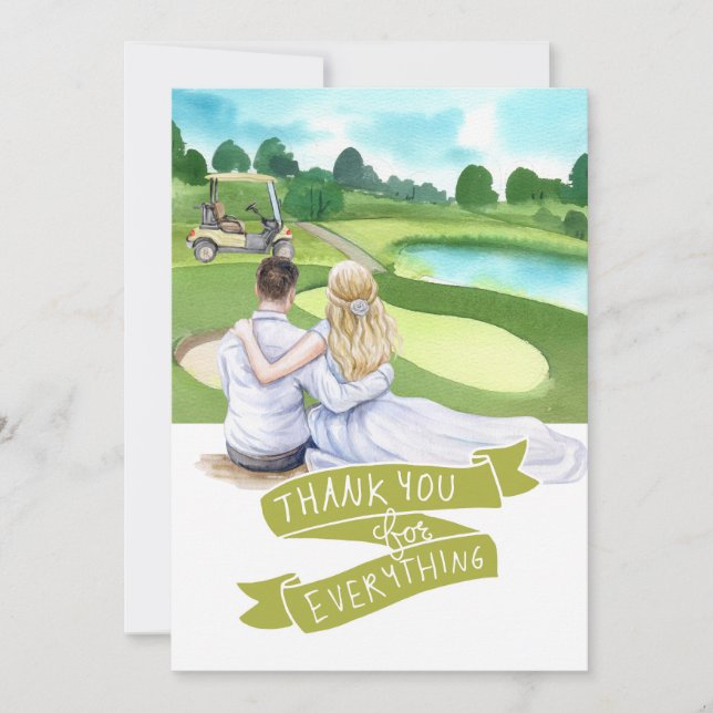 Golf Golfer Bride und Groom Golfplatz Aquarell Dankeskarte (Vorderseite)