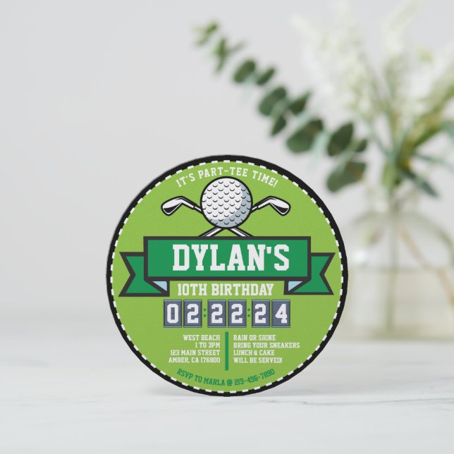 GOLF GOLFGAME Sports Kindergeburtstag Party Runde Einladung (Stehend Vorderseite)