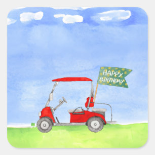 Golf Happy Birthday mit Golfwagen Packpapier Quadratischer Aufkleber