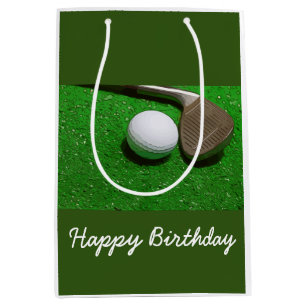 Golf Happy Birthday Tasche mit Golfball auf Grün Mittlere Geschenktüte