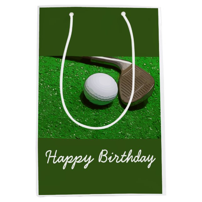 Golf Happy Birthday Tasche mit Golfball auf Grün Mittlere Geschenktüte (Vorderseite)