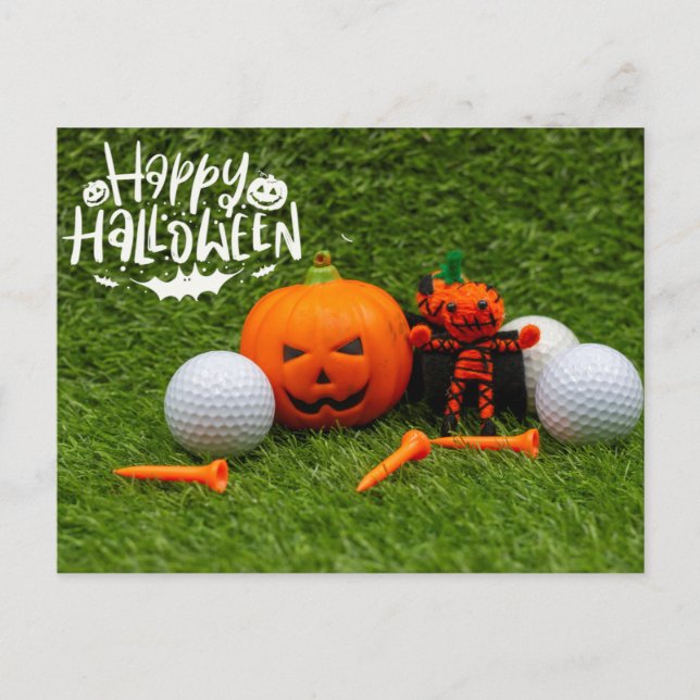 Golf Happy Halloween mit Pumpkin und Golf Ball Postkarte (Vorderseite)