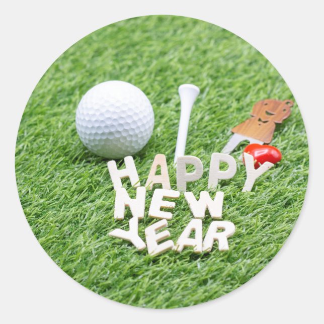 Golf Happy New Year mit Golf Ball und Geschenk Runder Aufkleber (Vorderseite)