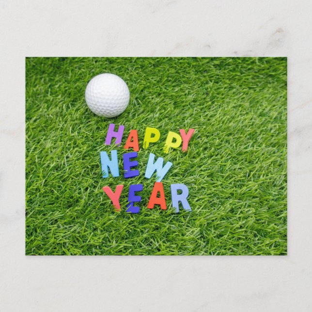 Golf Happy Silvester mit Golfball auf grünem Gras Postkarte (Vorderseite)